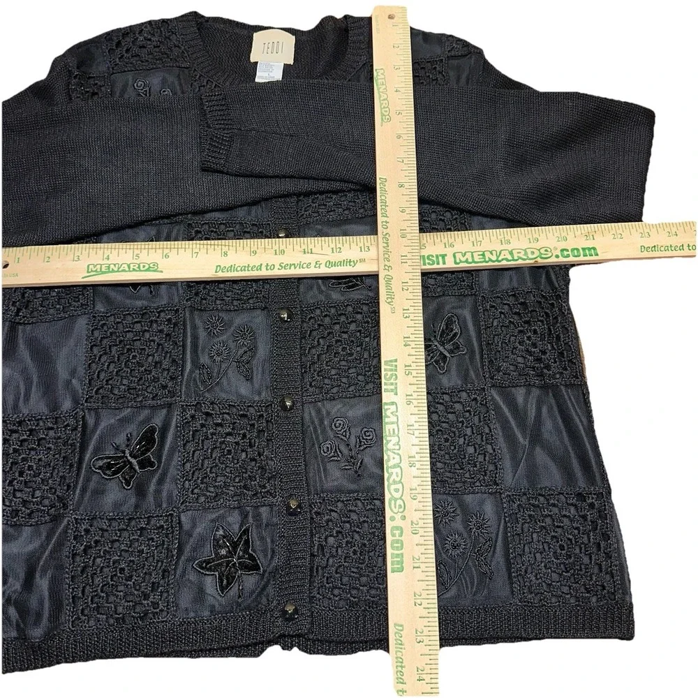 Vintage 90's Teddi‎ Button-Up Cardigan Sweater Black 3D Embroidered Women's L - Picture 10 of 11